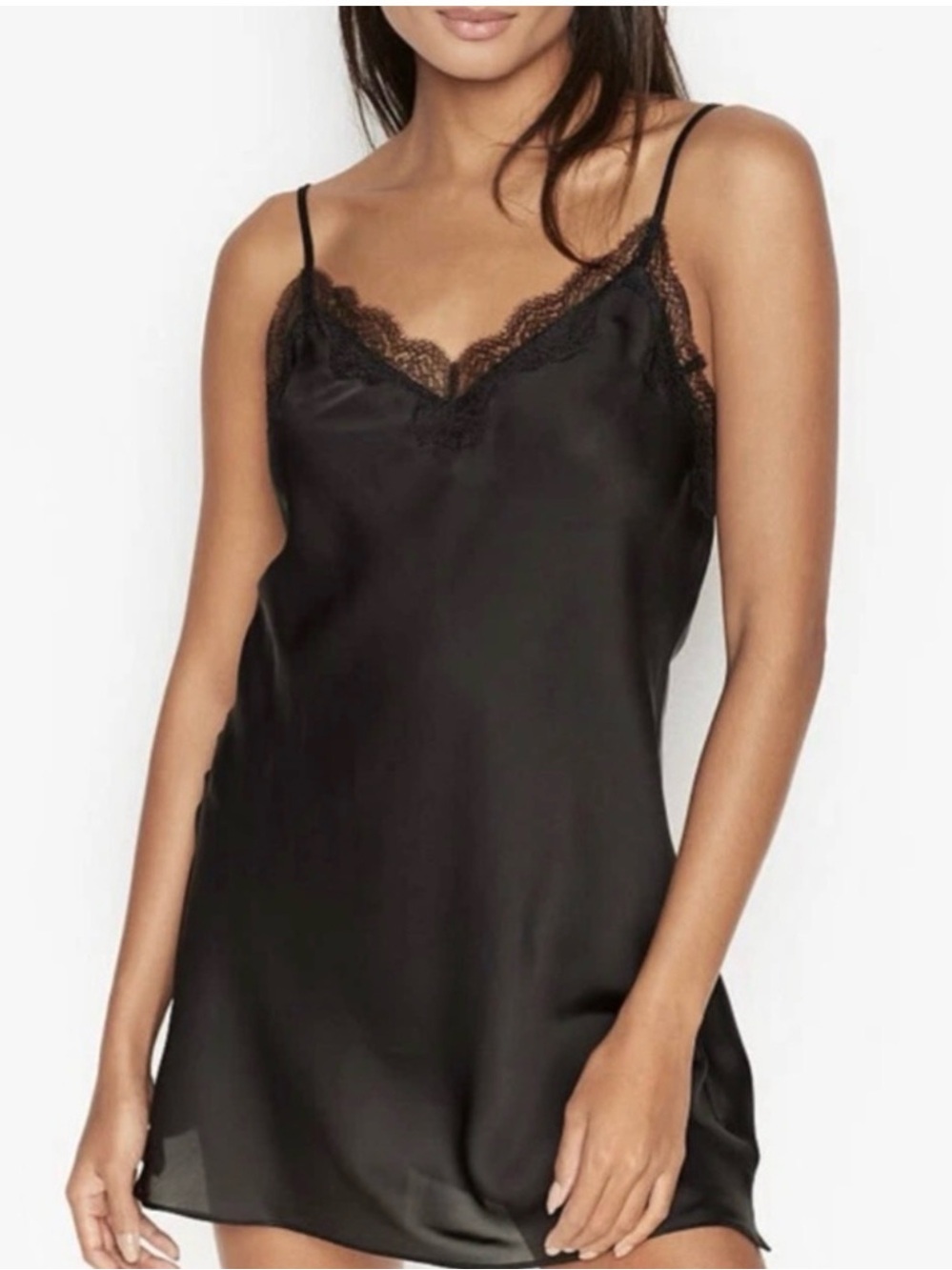 Victoria's Secret Black Satin Lace-Trim Chemise slip dress